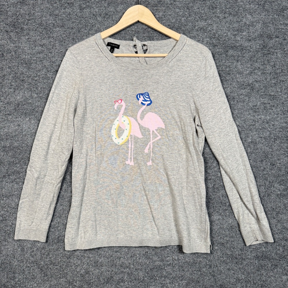 Talbots Size Medium Flamingo Sweater Gray Heathered Cotton Rayon Long Sleeves